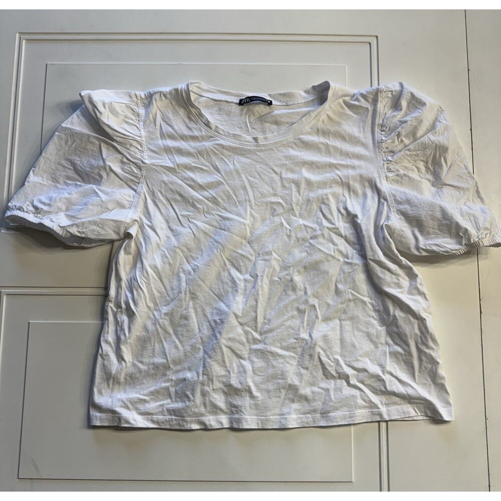 Zara White Puff Sleeve Cotton Tee T Shirt Top Short Sleeve Size XL